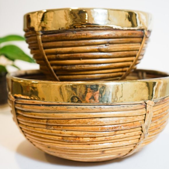 Gabriella Crespi Other - Pair of Rattan and Brass Italian Basket Bowls - in style of Gabriella Crespi